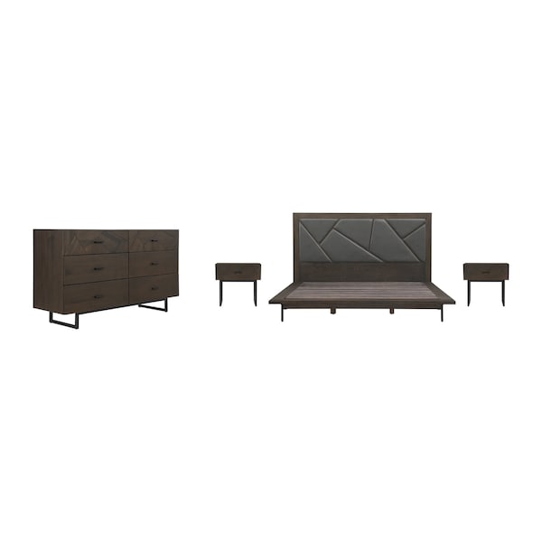 Armen Living Marquis 4 Piece King Size Platform Bed Frame Bedroom Set in Oak Wood with Faux Leather Headboard - SETMUBDGRKG4A