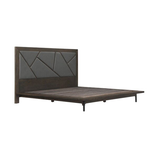 Armen Living Marquis King Size Platform Bed Frame in Oak Wood with Faux Leather Headboard and Black Metal Legs - LCMUBDGRKG