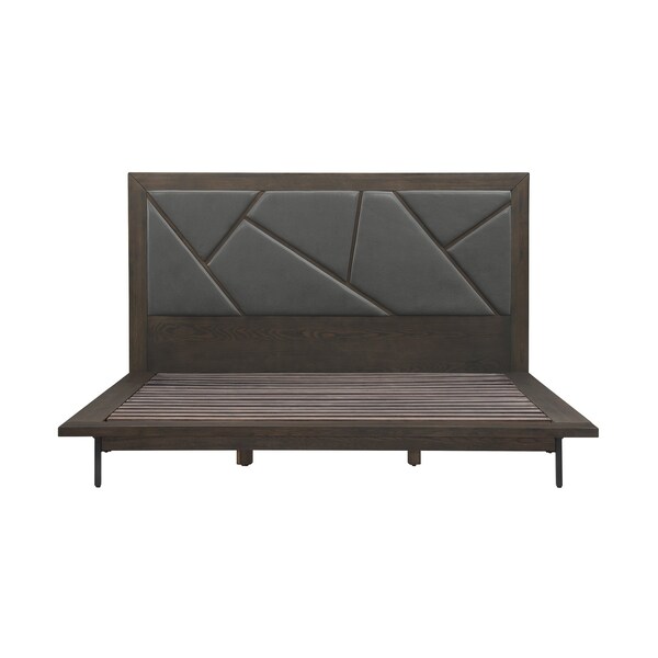 Armen Living Marquis King Size Platform Bed Frame in Oak Wood with Faux Leather Headboard and Black Metal Legs - LCMUBDGRKG