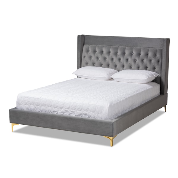 Baxton Studio Valery Gray Velvet Queen Size Platform Bed with Gold-Finished Legs - 152-9010