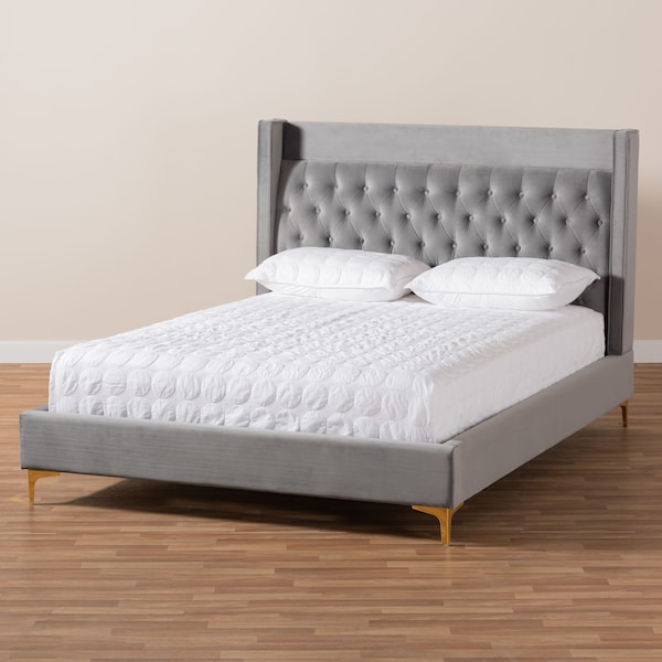 Baxton Studio Valery Gray Velvet Queen Size Platform Bed with Gold-Finished Legs - 152-9010