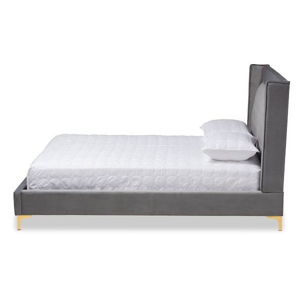 Baxton Studio Valery Gray Velvet Queen Size Platform Bed with Gold-Finished Legs - 152-9010