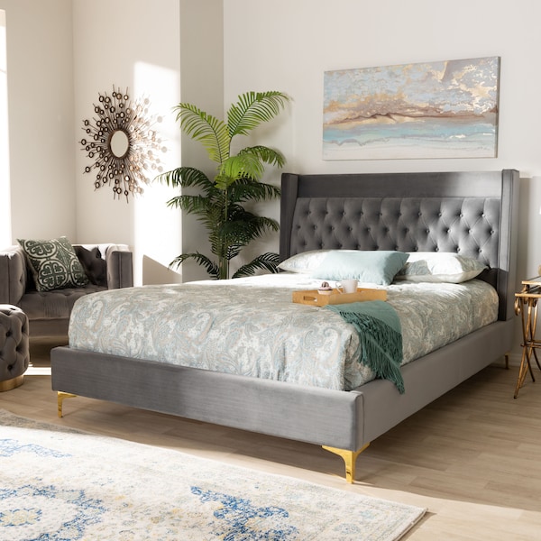 Baxton Studio Valery Gray Velvet Queen Size Platform Bed with Gold-Finished Legs - 152-9010