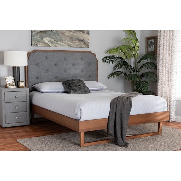 Baxton Studio Roald Mid-Century Modern Grey Fabric and Walnut Brown Wood King Size Platform Bed - 246-12645-9412-ZORO