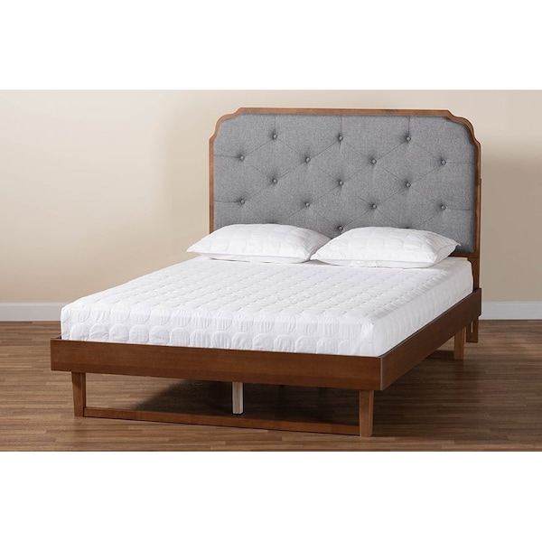 Baxton Studio Roald Mid-Century Modern Grey Fabric and Walnut Brown Wood King Size Platform Bed - 246-12645-9412-ZORO