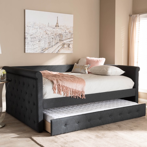 Baxton Studio Alena Dark Grey Upholstered Queen Size Daybed with Trundle - 147-8727