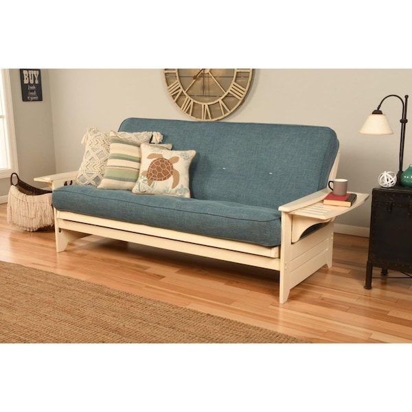 Kodiak Phoenix Antique White Futon Frame with Linen Aqua Mattress - Full Size - KFPHAWLAQULF5MD3