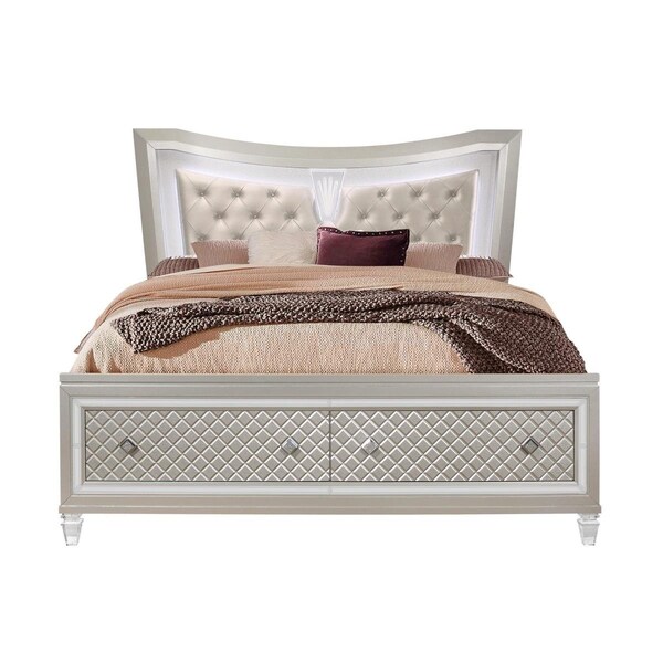 Gfancy Fixtures Champagne Tone Queen Bed with Padded Headboard LED Lightning 2 Drawer - GF3654765
