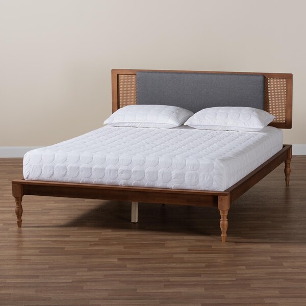 Baxton Studio Eliseo Mid-Century Modern Dark Grey Fabric and Walnut Brown Finished Wood King Size Platform Bed - 239-12637-9822-ZORO
