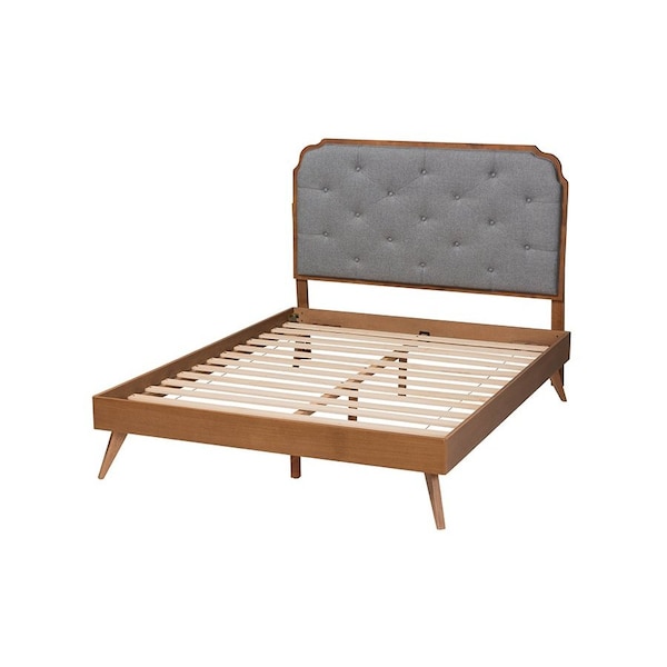 Baxton Studio Lorana Mid-Century Modern Grey Fabric and Walnut Brown Wood King Size Platform Bed - 246-12645-9409-ZORO