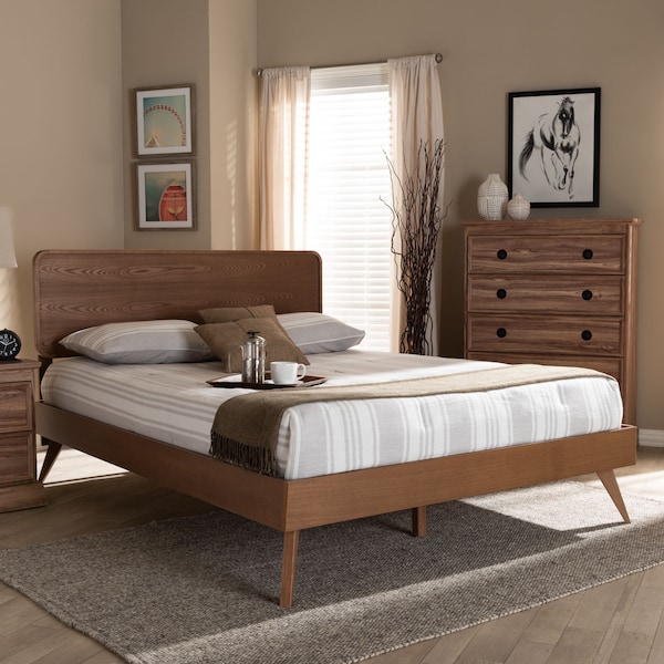 Baxton Studio Demeter Mid-Century Walnut Brown Finished Wood Queen Size Platform Bed - 156-9408-9429