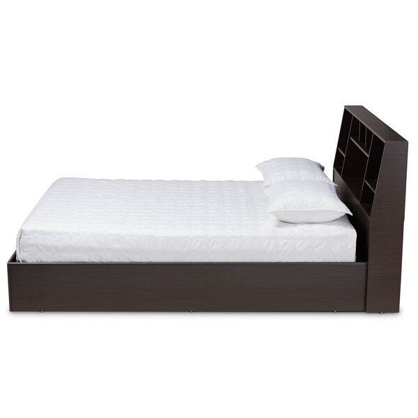 Baxton Studio Geoffrey Dark Brown Wood Queen Size Platform Storage Bed with Shelves - 164-10513