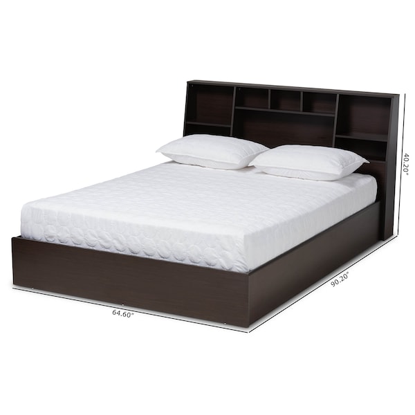 Baxton Studio Geoffrey Dark Brown Wood Queen Size Platform Storage Bed with Shelves - 164-10513
