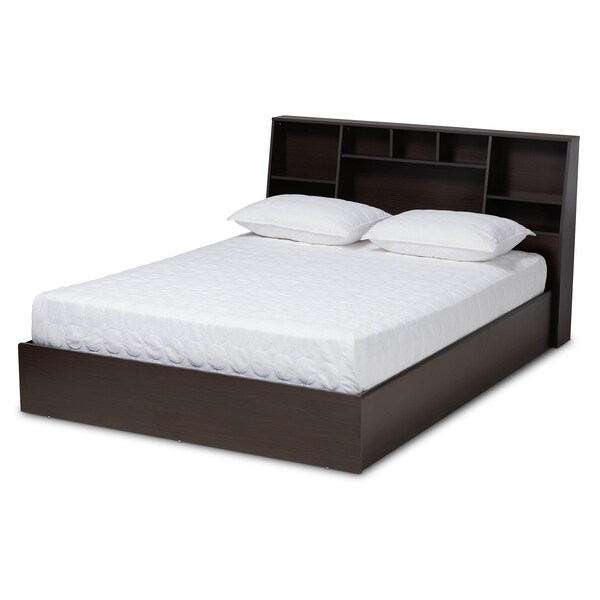 Baxton Studio Geoffrey Dark Brown Wood Queen Size Platform Storage Bed with Shelves - 164-10513