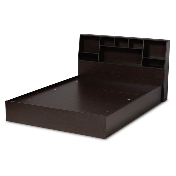 Baxton Studio Geoffrey Dark Brown Wood Queen Size Platform Storage Bed with Shelves - 164-10513