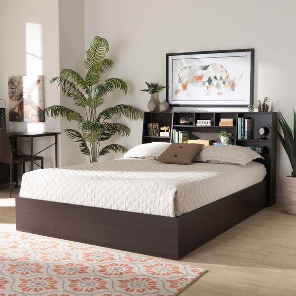 Baxton Studio Geoffrey Dark Brown Wood Queen Size Platform Storage Bed with Shelves - 164-10513