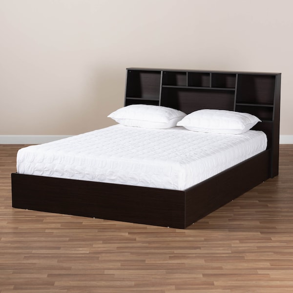 Baxton Studio Geoffrey Dark Brown Wood Queen Size Platform Storage Bed with Shelves - 164-10513