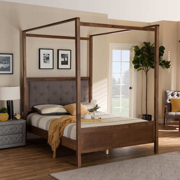 Baxton Studio Natasha Grey Upholstered and Walnut Wood Queen Size Platform Bed - 165-10716