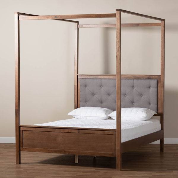 Baxton Studio Natasha Grey Upholstered and Walnut Wood Queen Size Platform Bed - 165-10716