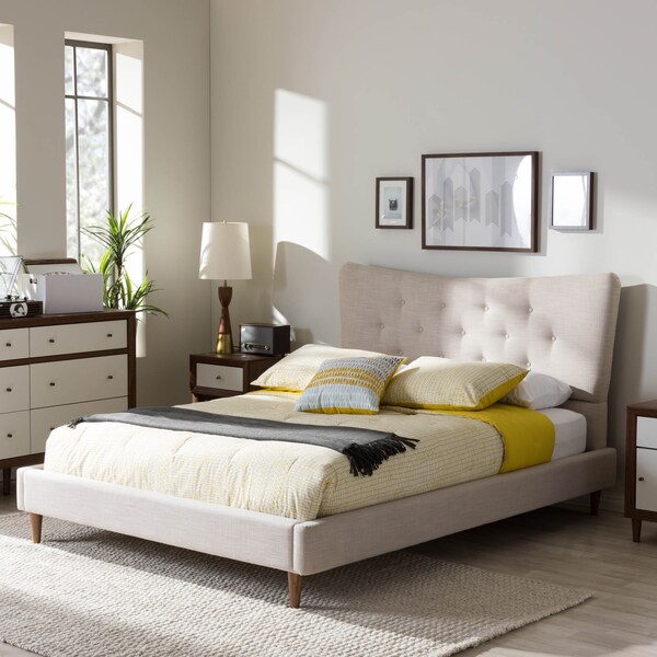 Baxton Studio Hannah Mid-Century Modern Beige Linen Queen Size Platform Bed - 125-7008
