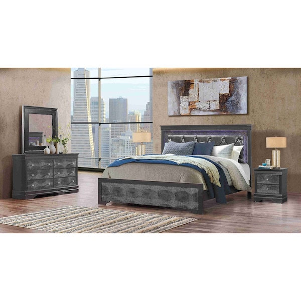 Global Furniture Usa Traditional Glam Croc Pompei Metallic Grey Queen Bed Group With Led - 2877