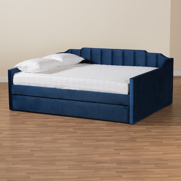 Baxton Studio Lennon Modern and Contemporary Navy Blue Velvet Fabric Queen Size Daybed with Trundle - 186-11468-ZORO