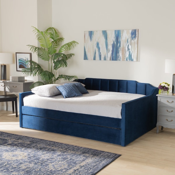 Baxton Studio Lennon Modern and Contemporary Navy Blue Velvet Fabric Queen Size Daybed with Trundle - 186-11468-ZORO