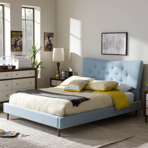 Baxton Studio Hannah Mid-Century Modern Sky Blue King Size Platform Bed - 125-7010