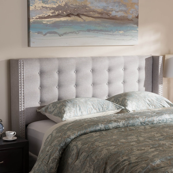Baxton Studio Ginaro Beige Button-Tufted Nail head King Size Winged Headboard - 141-7516