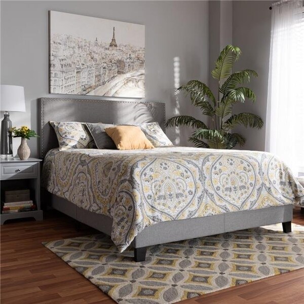 Baxton Studio Baxton Studio Ramon-Grey-Full Ramon Modern & Contemporary Linen Fabric Upholstered Panel Bed with Nailhead Trim; Grey - Full Size - RAMON-GREY-FULL