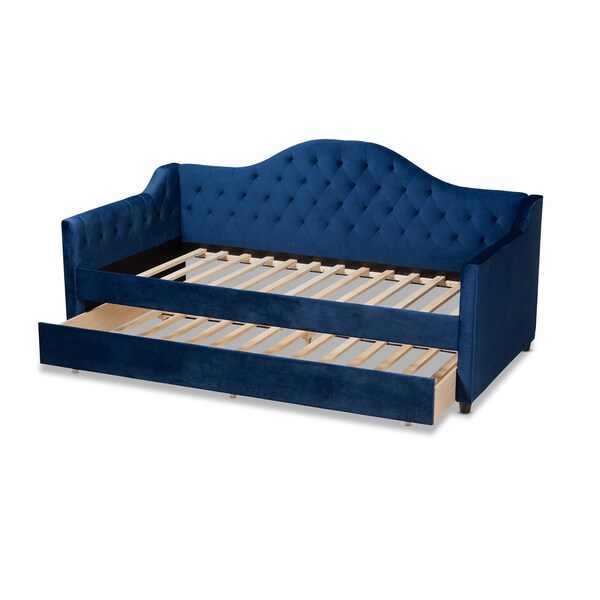 Baxton Studio Perry Blue Velvet Upholstered and Tufted Twin Size Daybed with Trundle - 156-9450