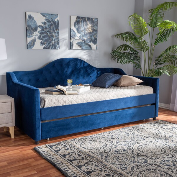 Baxton Studio Perry Blue Velvet Upholstered and Tufted Twin Size Daybed with Trundle - 156-9450