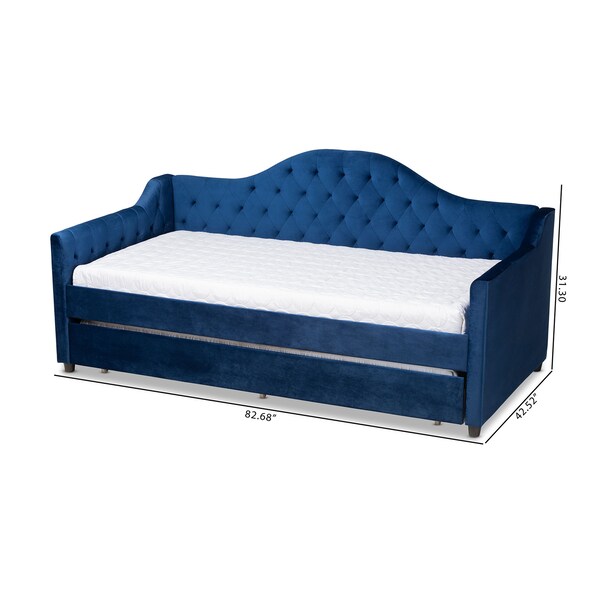 Baxton Studio Perry Blue Velvet Upholstered and Tufted Twin Size Daybed with Trundle - 156-9450