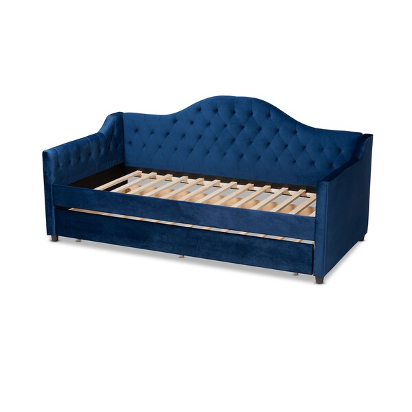 Baxton Studio Perry Blue Velvet Upholstered and Tufted Twin Size Daybed with Trundle - 156-9450