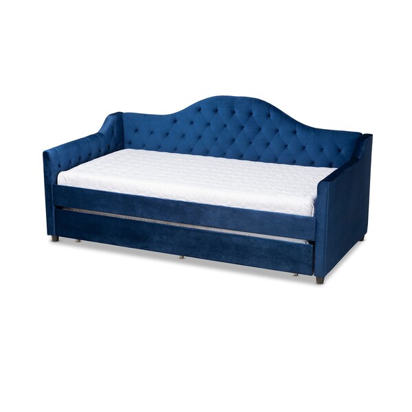 Baxton Studio Perry Blue Velvet Upholstered and Tufted Twin Size Daybed with Trundle - 156-9450