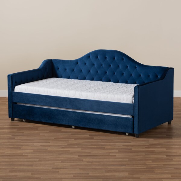 Baxton Studio Perry Blue Velvet Upholstered and Tufted Twin Size Daybed with Trundle - 156-9450