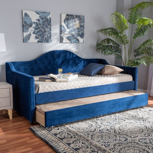 Baxton Studio Perry Blue Velvet Upholstered and Tufted Twin Size Daybed with Trundle - 156-9450