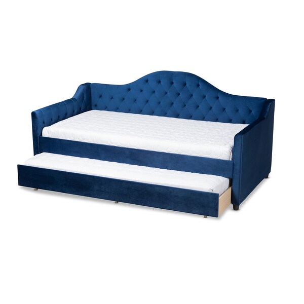 Baxton Studio Perry Blue Velvet Upholstered and Tufted Twin Size Daybed with Trundle - 156-9450