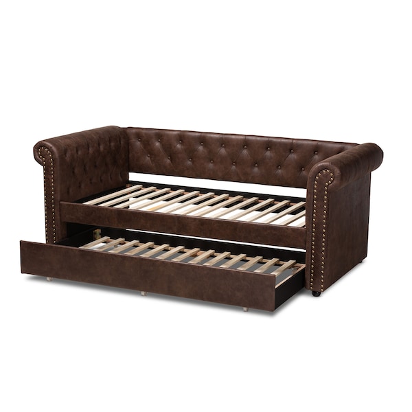 Baxton Studio Mabelle Brown Faux Leather Upholstered Daybed with Trundle - 154-9396
