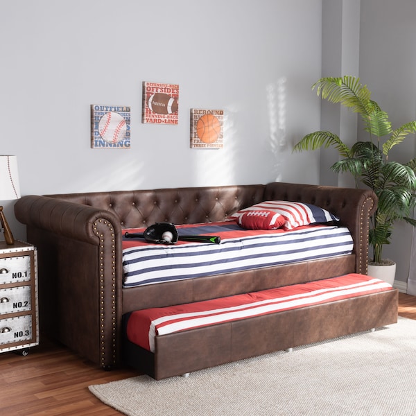 Baxton Studio Mabelle Brown Faux Leather Upholstered Daybed with Trundle - 154-9396