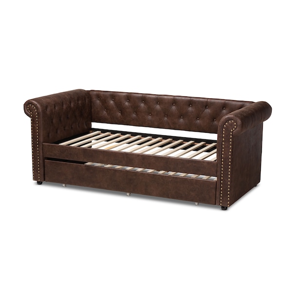 Baxton Studio Mabelle Brown Faux Leather Upholstered Daybed with Trundle - 154-9396