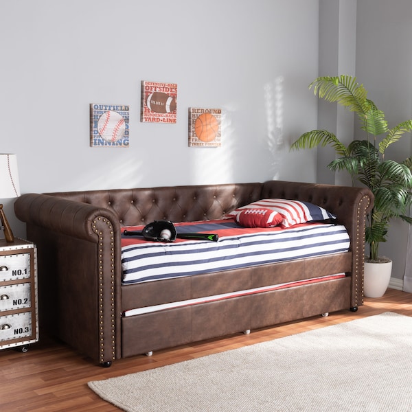 Baxton Studio Mabelle Brown Faux Leather Upholstered Daybed with Trundle - 154-9396
