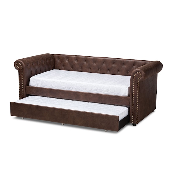 Baxton Studio Mabelle Brown Faux Leather Upholstered Daybed with Trundle - 154-9396