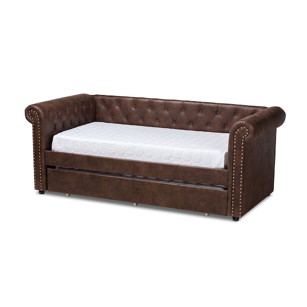 Baxton Studio Mabelle Brown Faux Leather Upholstered Daybed with Trundle - 154-9396
