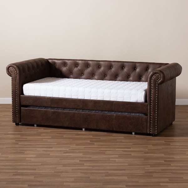 Baxton Studio Mabelle Brown Faux Leather Upholstered Daybed with Trundle - 154-9396