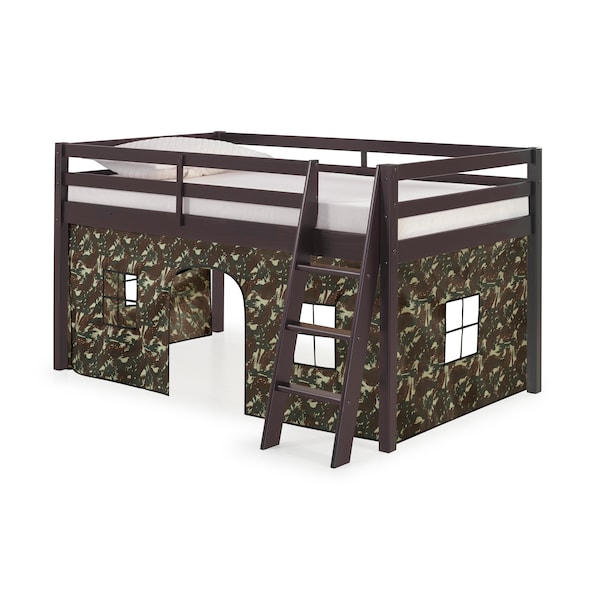 Alaterre Furniture Roxy Twin Wood Junior Loft Bed with Espresso with Green Camo Bottom Tent - AJRX10P0ATCGN