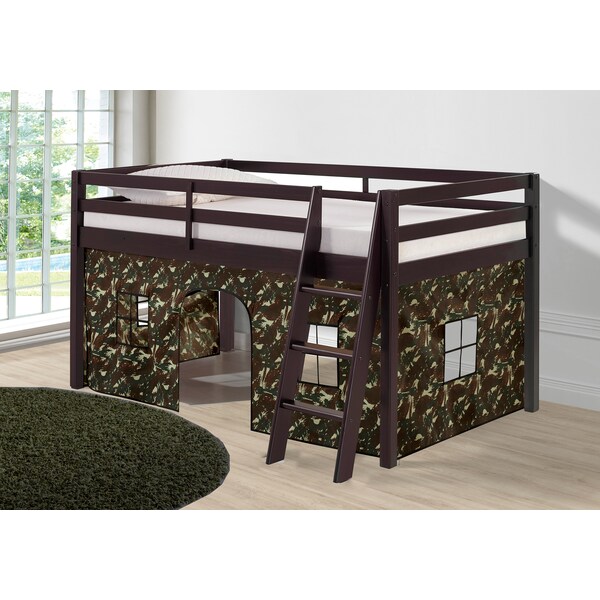 Alaterre Furniture Roxy Twin Wood Junior Loft Bed with Espresso with Green Camo Bottom Tent - AJRX10P0ATCGN
