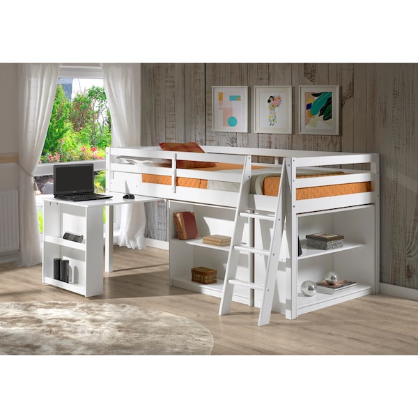 Alaterre Furniture Roxy Wood Junior Loft Bed with Pull-out Desk, Shelving and Bookcase, White - AJRX10WHAS