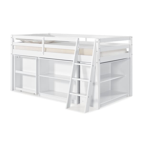 Alaterre Furniture Roxy Wood Junior Loft Bed with Pull-out Desk, Shelving and Bookcase, White - AJRX10WHAS