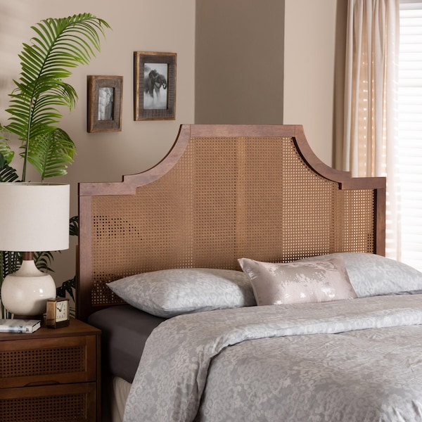 Baxton Studio Risha Mid-Century Modern Ash Walnut Finished Wood and Rattan Queen Size Headboard - 237-12648-ZORO